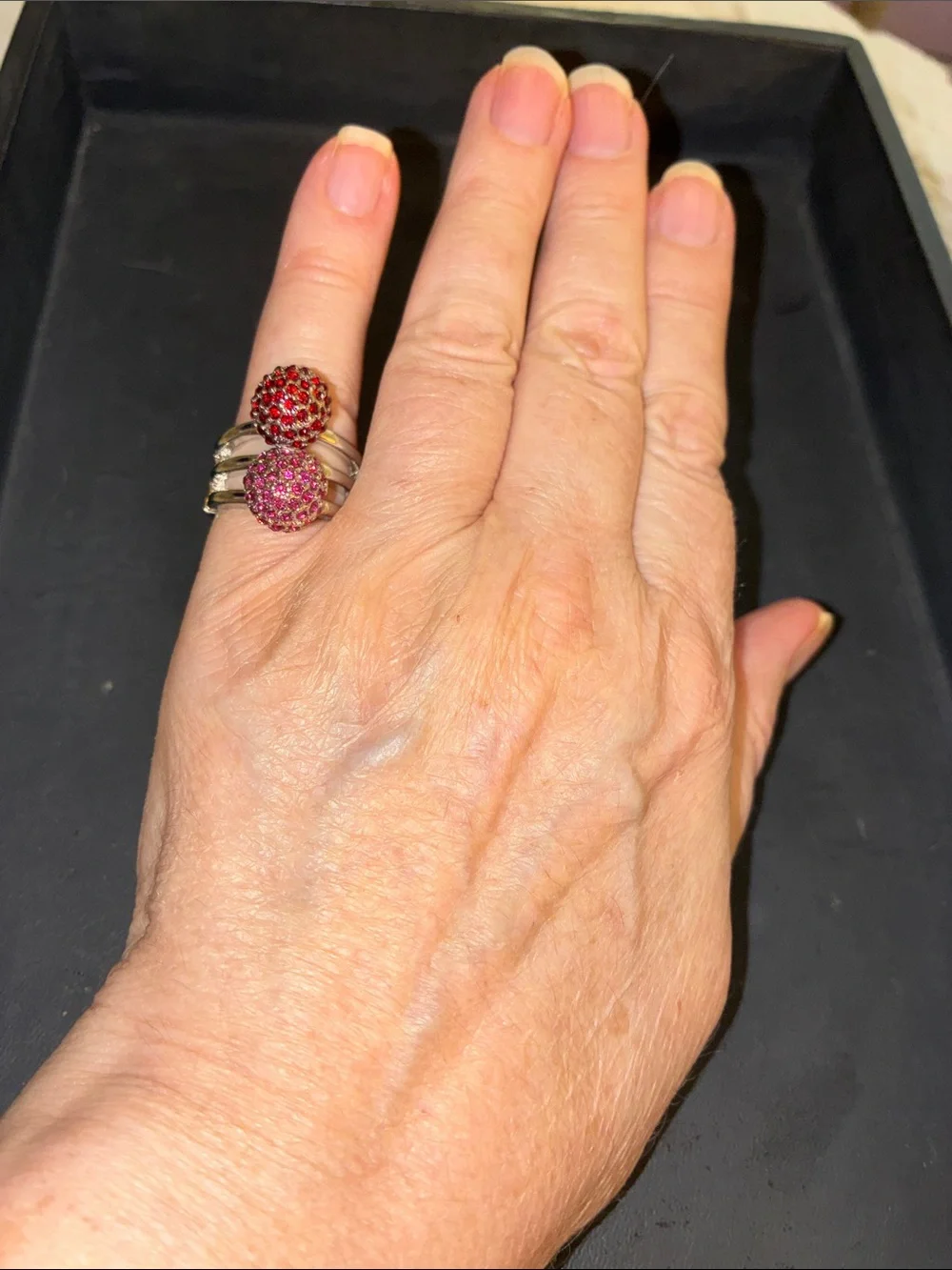 Double Orb Stretch Ring with Red and Pink Crystals